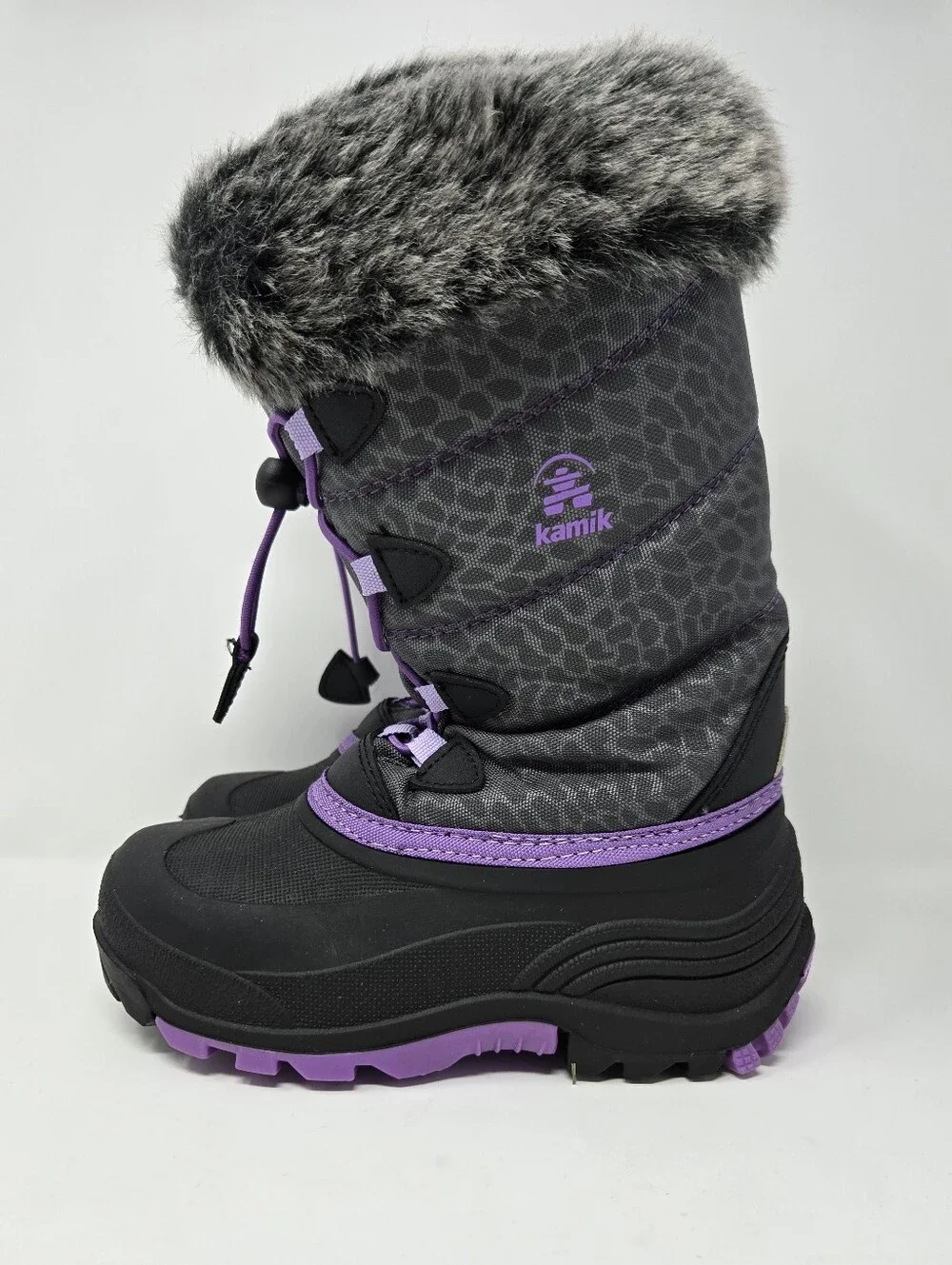 Kamik Girls' Winter Snow Boots - Gray with Purple Trim - Size Girl's Youth 13